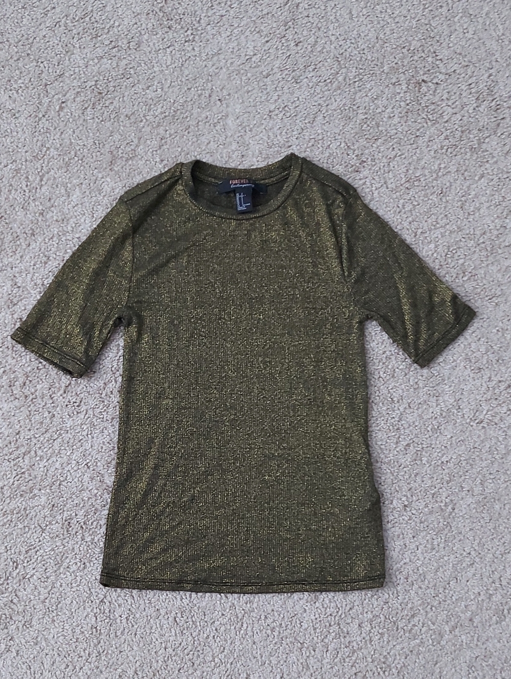 Forever 21 Olive Green Metallic Stretch Short Sleeve Knit Top